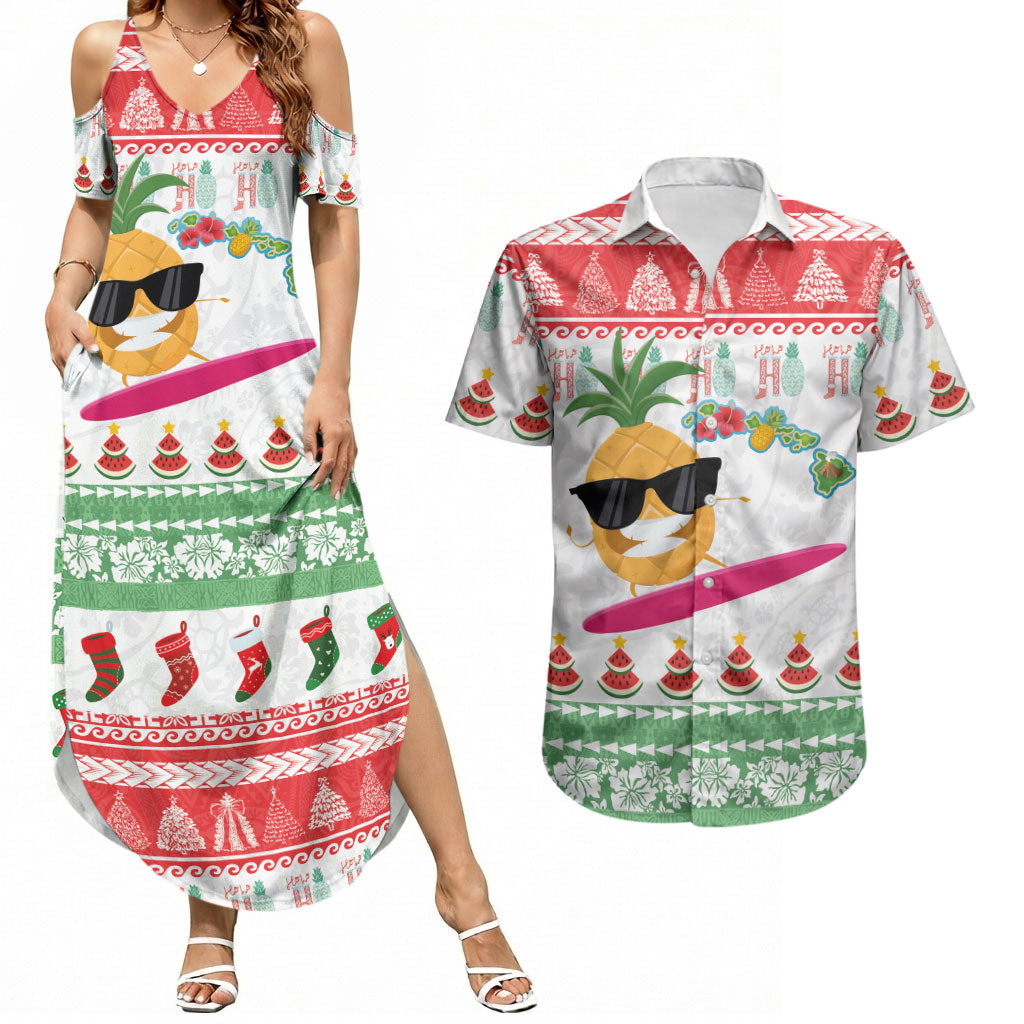 Hawaiian Mele Kalikimaka Couples Matching Summer Maxi Dress and Hawaiian Shirt Funny Pineapple Surfing with Map Christmas Stripe Elements LT03 Multicolor - Polynesian Pride