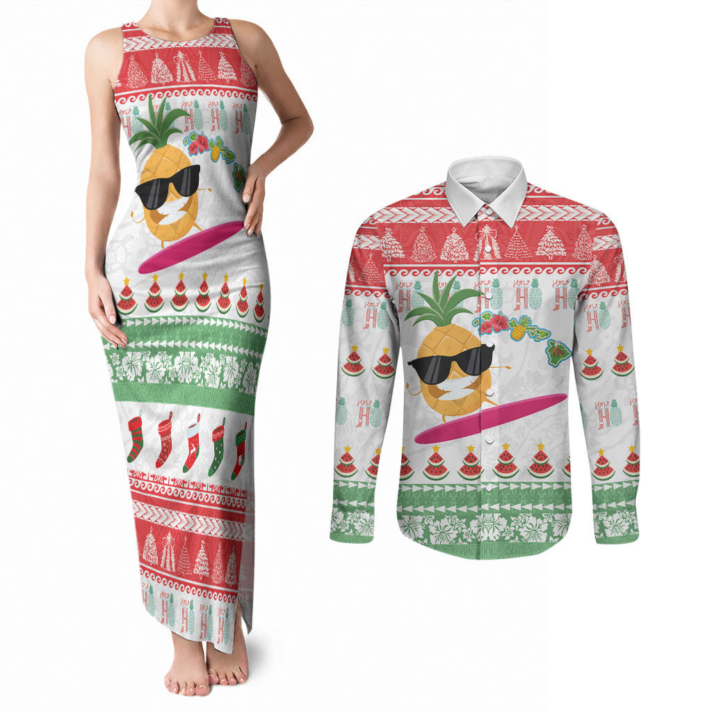 Hawaiian Mele Kalikimaka Couples Matching Tank Maxi Dress and Long Sleeve Button Shirt Funny Pineapple Surfing with Map Christmas Stripe Elements LT03 Multicolor - Polynesian Pride
