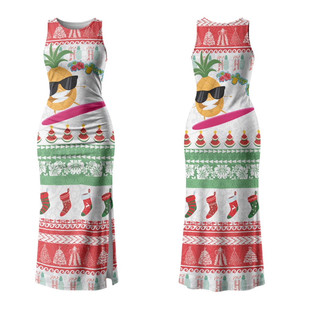 Hawaiian Mele Kalikimaka Couples Matching Tank Maxi Dress and Long Sleeve Button Shirt Funny Pineapple Surfing with Map Christmas Stripe Elements LT03 - Polynesian Pride