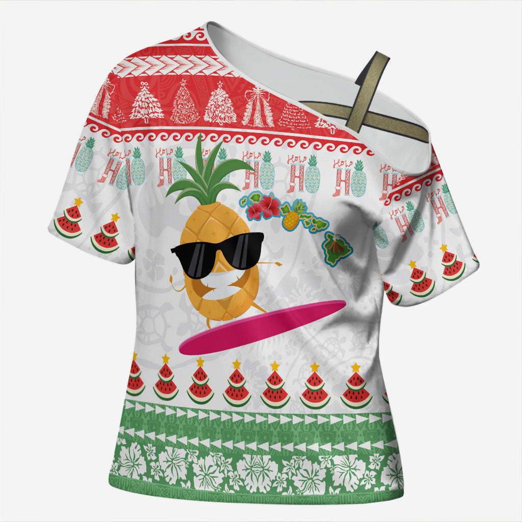 Hawaiian Mele Kalikimaka Cross Shoulder Shirt Funny Pineapple Surfing with Map Christmas Stripe Elements LT03 Female Multicolor - Polynesian Pride