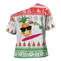 Hawaiian Mele Kalikimaka Cross Shoulder Shirt Funny Pineapple Surfing with Map Christmas Stripe Elements LT03 - Polynesian Pride