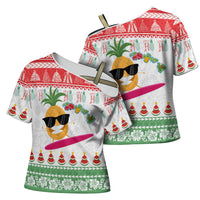 Hawaiian Mele Kalikimaka Cross Shoulder Shirt Funny Pineapple Surfing with Map Christmas Stripe Elements LT03 - Polynesian Pride