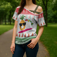 Hawaiian Mele Kalikimaka Cross Shoulder Shirt Funny Pineapple Surfing with Map Christmas Stripe Elements LT03 - Polynesian Pride
