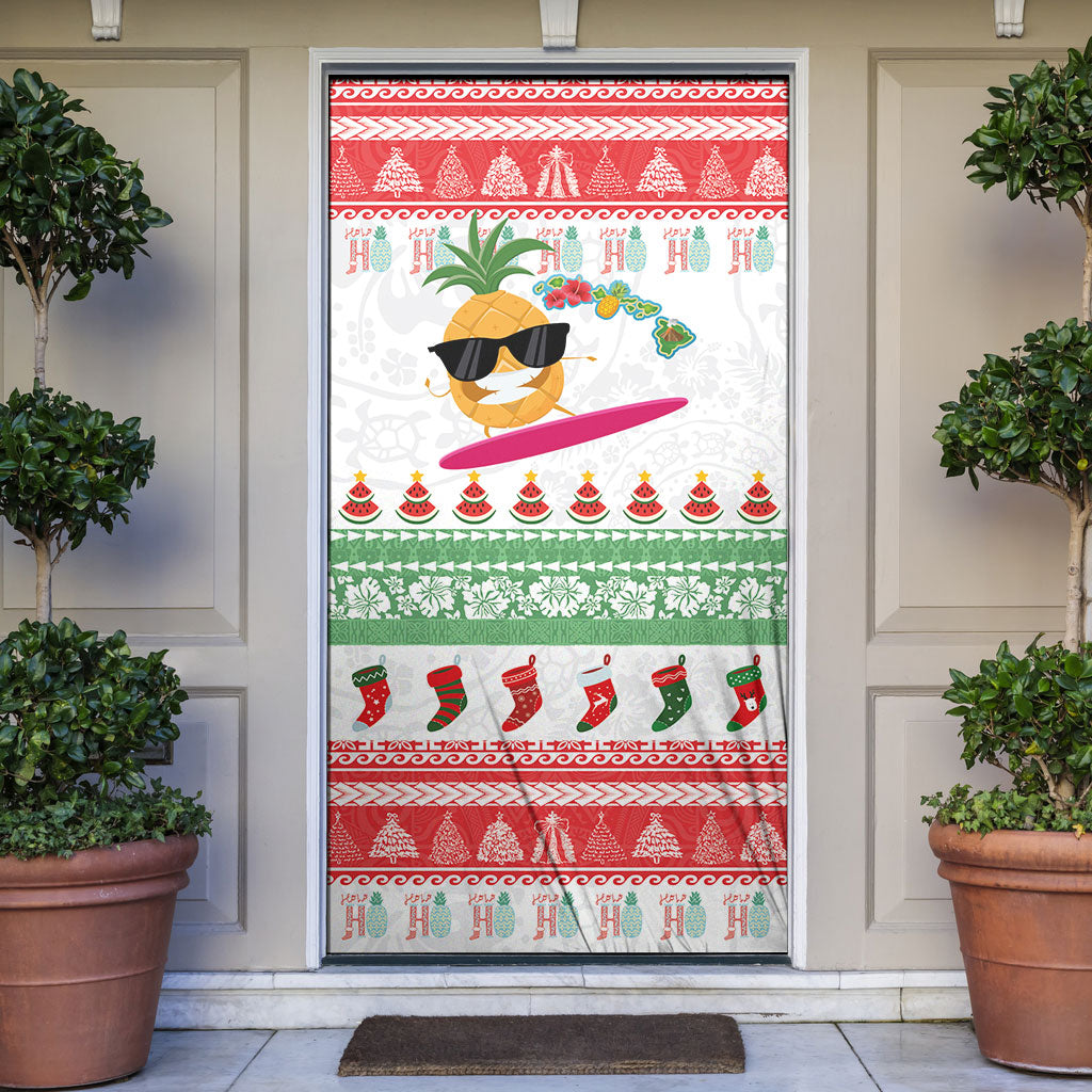 Hawaiian Mele Kalikimaka Door Cover Funny Pineapple Surfing with Map Christmas Stripe Elements LT03 Multicolor - Polynesian Pride