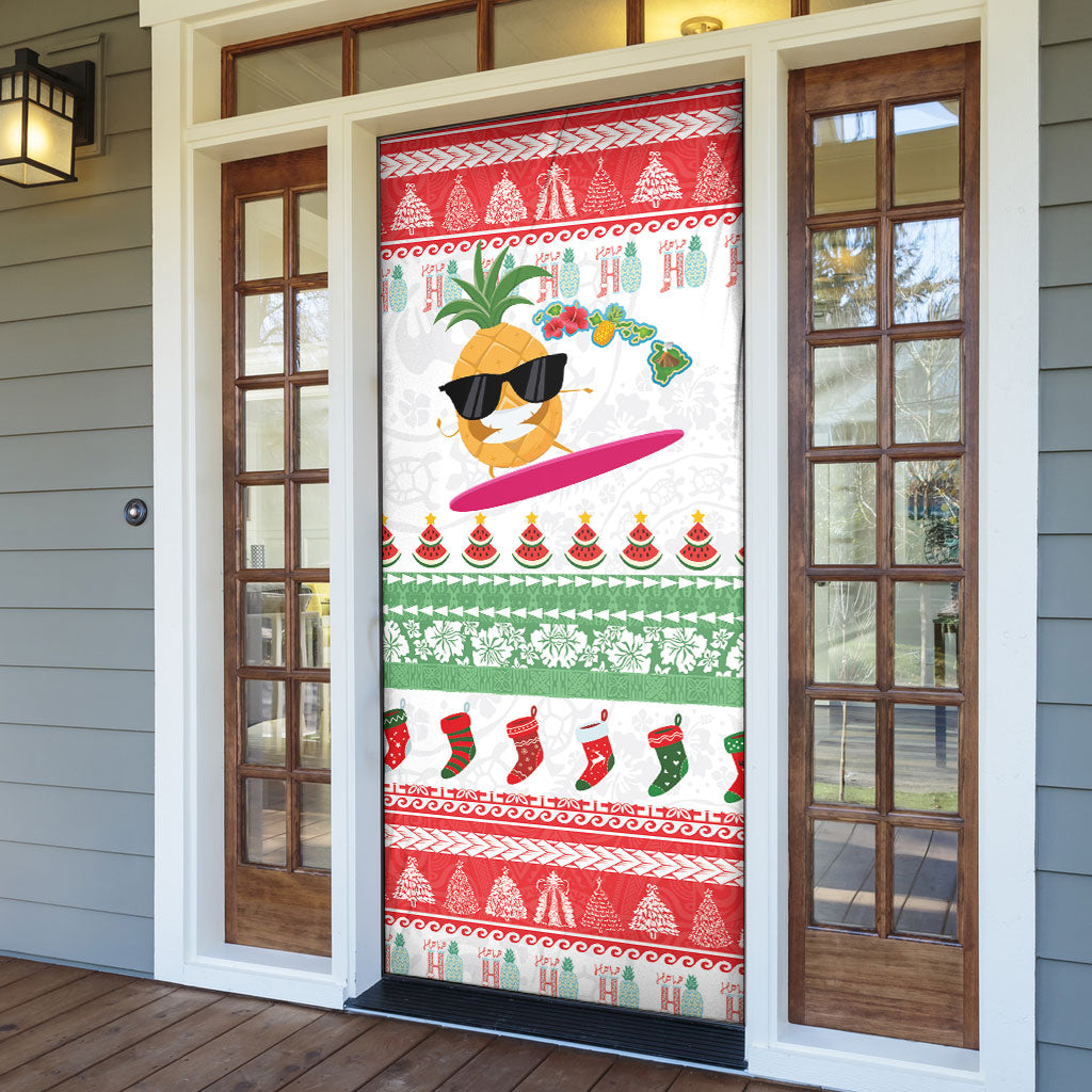 Hawaiian Mele Kalikimaka Door Cover Funny Pineapple Surfing with Map Christmas Stripe Elements LT03 - Polynesian Pride