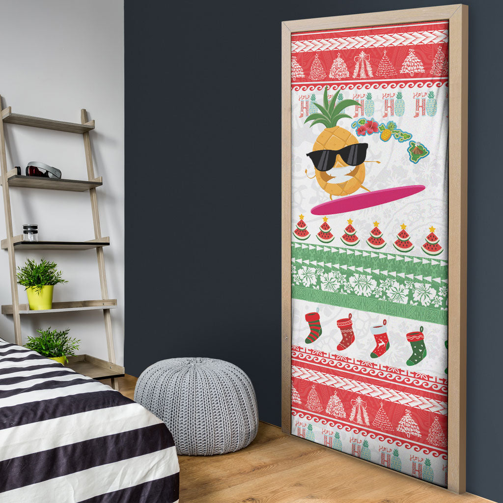 Hawaiian Mele Kalikimaka Door Cover Funny Pineapple Surfing with Map Christmas Stripe Elements LT03 - Polynesian Pride