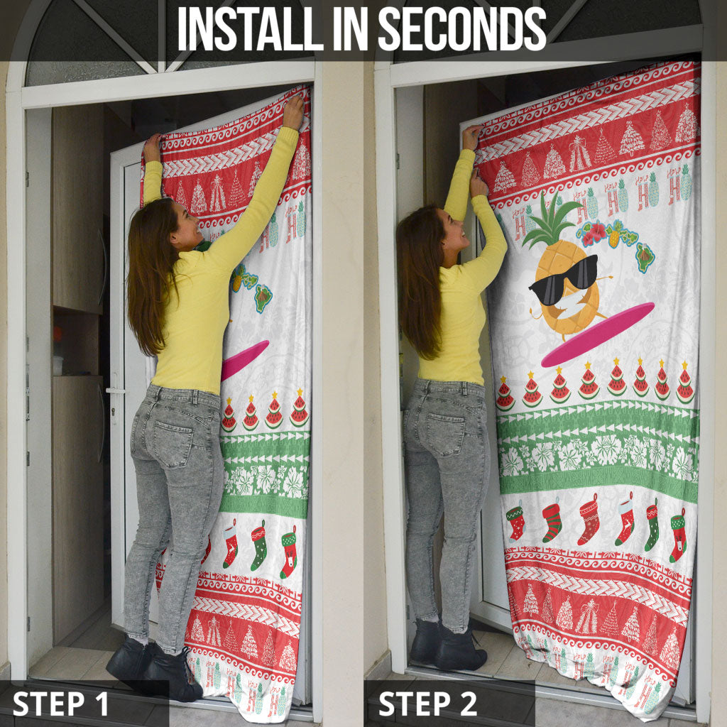 Hawaiian Mele Kalikimaka Door Cover Funny Pineapple Surfing with Map Christmas Stripe Elements LT03 - Polynesian Pride