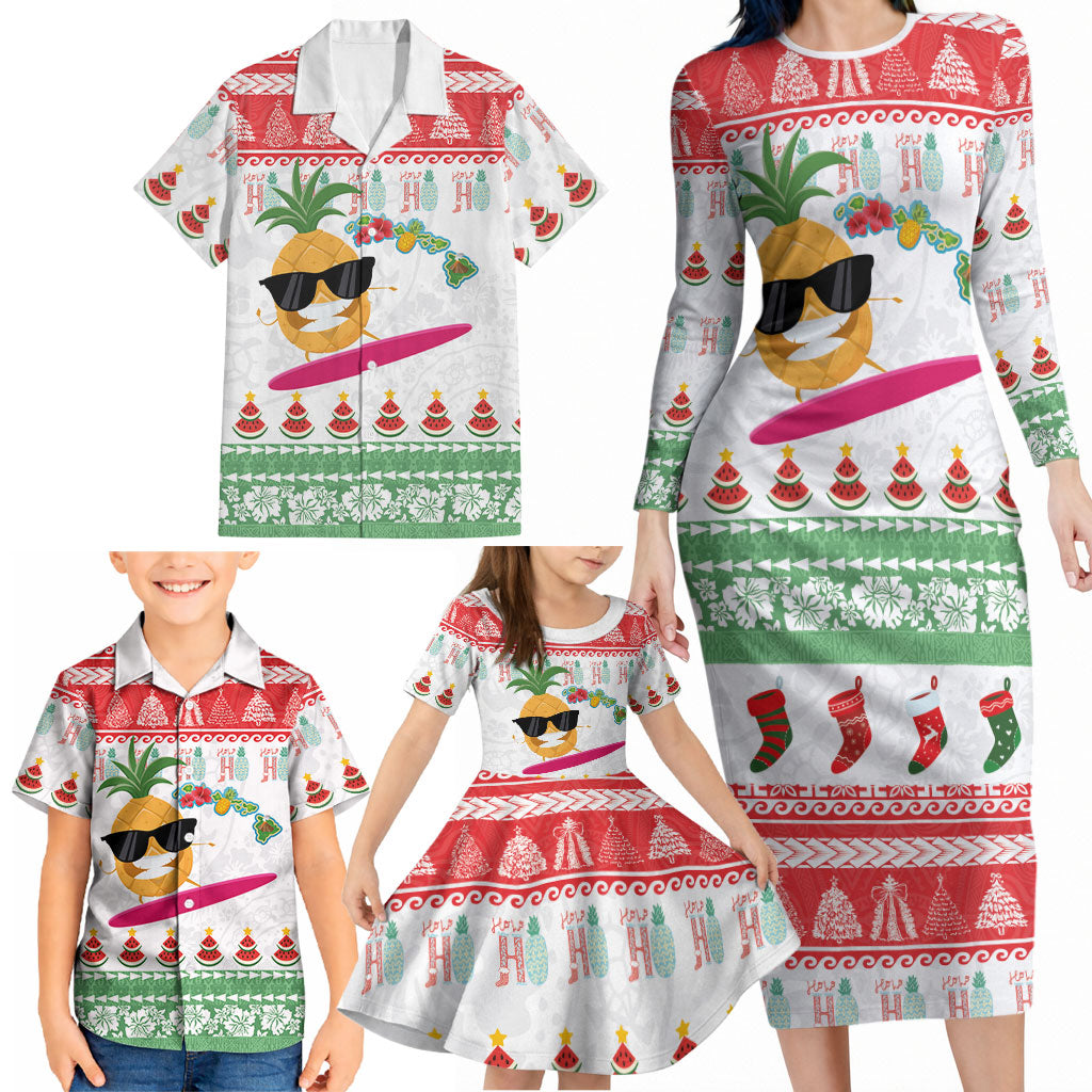 Hawaiian Mele Kalikimaka Family Matching Long Sleeve Bodycon Dress and Hawaiian Shirt Funny Pineapple Surfing with Map Christmas Stripe Elements LT03 - Polynesian Pride