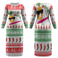 Hawaiian Mele Kalikimaka Family Matching Long Sleeve Bodycon Dress and Hawaiian Shirt Funny Pineapple Surfing with Map Christmas Stripe Elements LT03 Mom's Dress Multicolor - Polynesian Pride