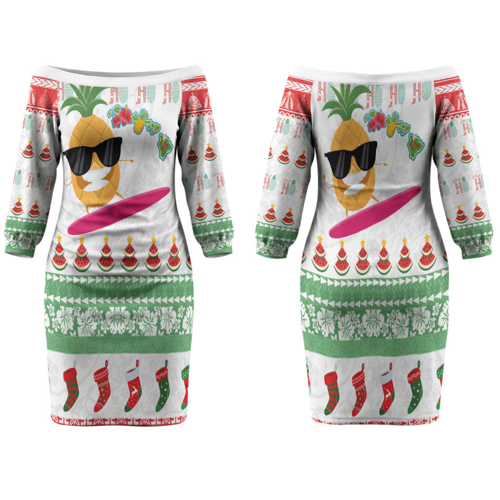 Hawaiian Mele Kalikimaka Family Matching Off The Shoulder Long Sleeve Dress and Hawaiian Shirt Funny Pineapple Surfing with Map Christmas Stripe Elements LT03 Mom's Dress Multicolor - Polynesian Pride