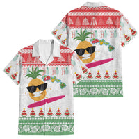 Hawaiian Mele Kalikimaka Family Matching Off The Shoulder Long Sleeve Dress and Hawaiian Shirt Funny Pineapple Surfing with Map Christmas Stripe Elements LT03 Dad's Shirt - Short Sleeve Multicolor - Polynesian Pride