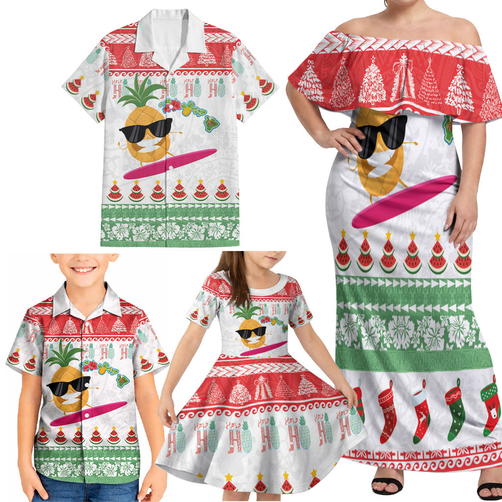 Hawaiian Mele Kalikimaka Family Matching Off Shoulder Maxi Dress and Hawaiian Shirt Funny Pineapple Surfing with Map Christmas Stripe Elements LT03 - Polynesian Pride