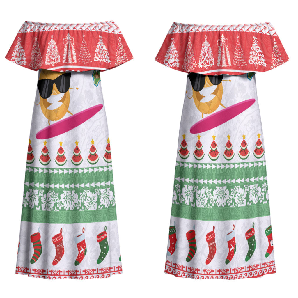 Hawaiian Mele Kalikimaka Family Matching Off Shoulder Maxi Dress and Hawaiian Shirt Funny Pineapple Surfing with Map Christmas Stripe Elements LT03 Mom's Dress Multicolor - Polynesian Pride