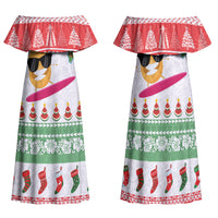 Hawaiian Mele Kalikimaka Family Matching Off Shoulder Maxi Dress and Hawaiian Shirt Funny Pineapple Surfing with Map Christmas Stripe Elements LT03 Mom's Dress Multicolor - Polynesian Pride