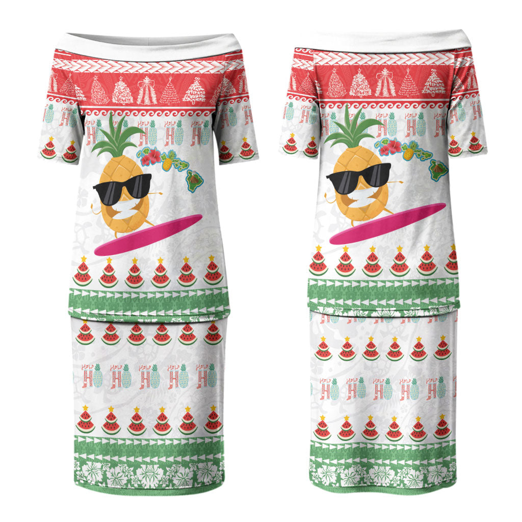 Hawaiian Mele Kalikimaka Family Matching Puletasi and Hawaiian Shirt Funny Pineapple Surfing with Map Christmas Stripe Elements LT03 Mom's Dress Multicolor - Polynesian Pride