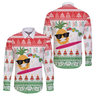 Hawaiian Mele Kalikimaka Family Matching Puletasi and Hawaiian Shirt Funny Pineapple Surfing with Map Christmas Stripe Elements LT03 Dad's Shirt - Long Sleeve Multicolor - Polynesian Pride