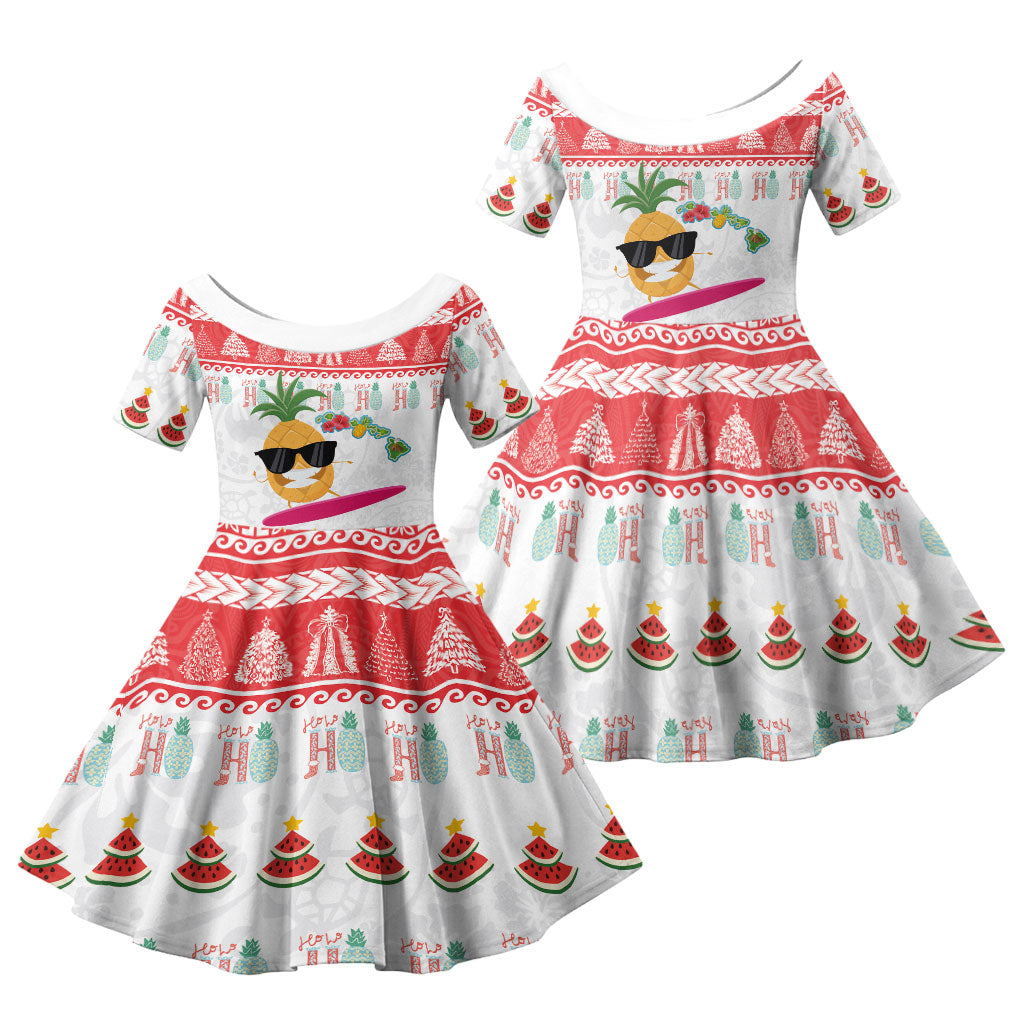 Hawaiian Mele Kalikimaka Family Matching Puletasi and Hawaiian Shirt Funny Pineapple Surfing with Map Christmas Stripe Elements LT03 Daughter's Dress Multicolor - Polynesian Pride