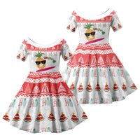 Hawaiian Mele Kalikimaka Family Matching Puletasi and Hawaiian Shirt Funny Pineapple Surfing with Map Christmas Stripe Elements LT03 Daughter's Dress Multicolor - Polynesian Pride