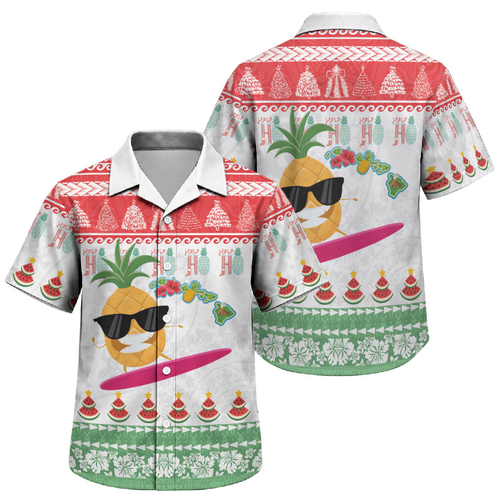 Hawaiian Mele Kalikimaka Family Matching Puletasi and Hawaiian Shirt Funny Pineapple Surfing with Map Christmas Stripe Elements LT03 Son's Shirt Multicolor - Polynesian Pride