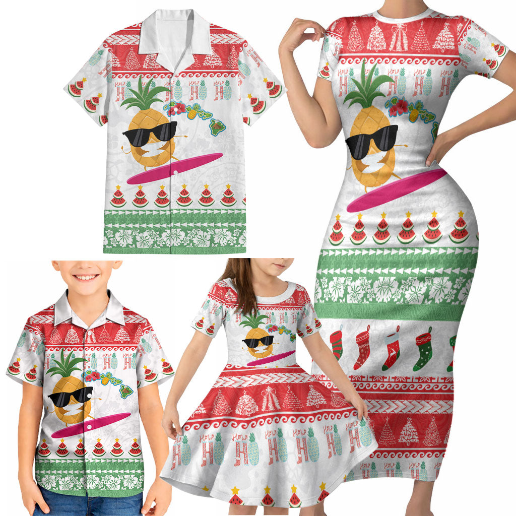 Hawaiian Mele Kalikimaka Family Matching Short Sleeve Bodycon Dress and Hawaiian Shirt Funny Pineapple Surfing with Map Christmas Stripe Elements LT03 - Polynesian Pride