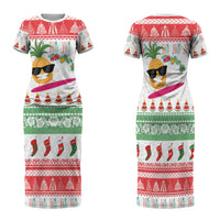 Hawaiian Mele Kalikimaka Family Matching Short Sleeve Bodycon Dress and Hawaiian Shirt Funny Pineapple Surfing with Map Christmas Stripe Elements LT03 Mom's Dress Multicolor - Polynesian Pride