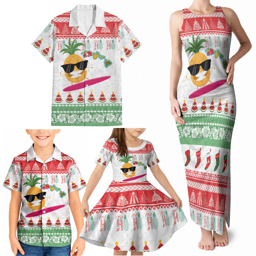 Hawaiian Mele Kalikimaka Family Matching Tank Maxi Dress and Hawaiian Shirt Funny Pineapple Surfing with Map Christmas Stripe Elements LT03 - Polynesian Pride