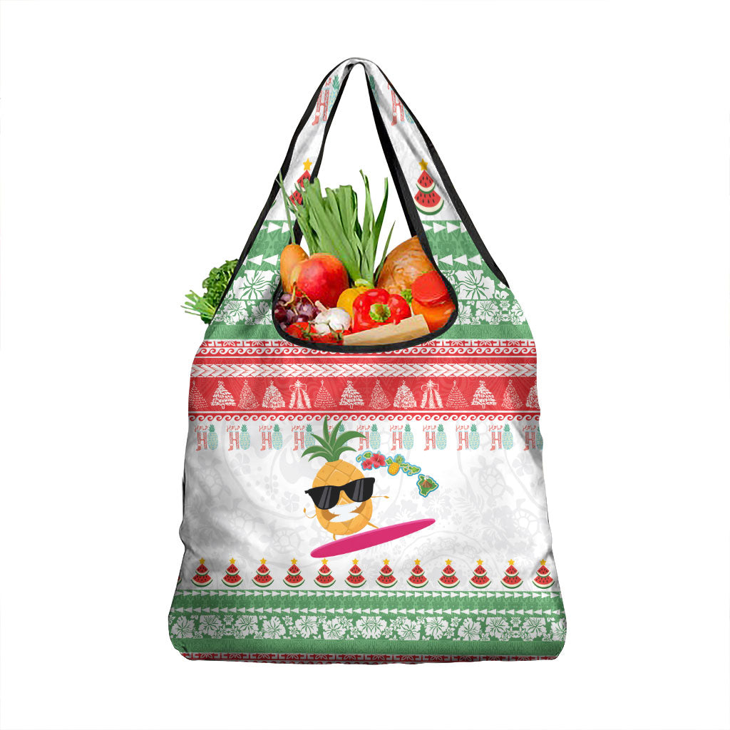 Hawaiian Mele Kalikimaka Grocery Bag Funny Pineapple Surfing with Map Christmas Stripe Elements LT03 1-pack One Size Multicolor - Polynesian Pride