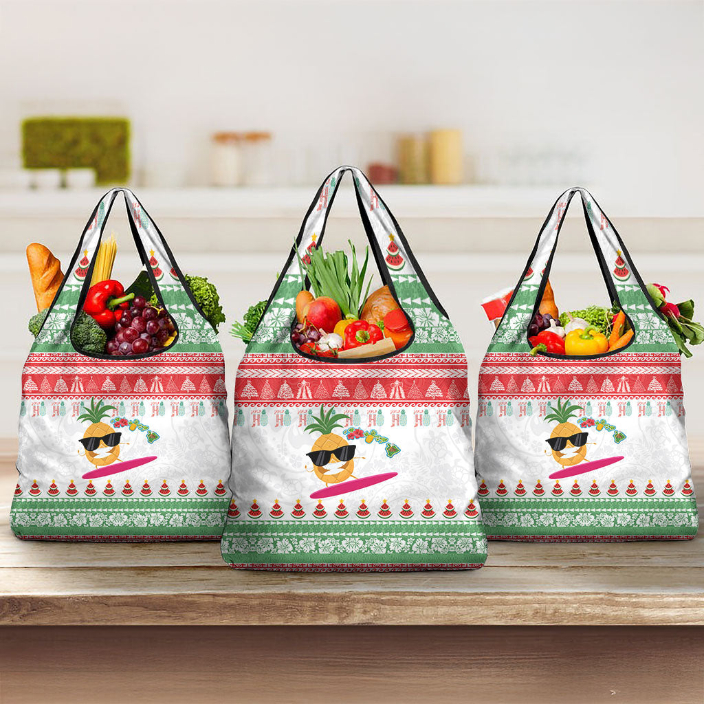 Hawaiian Mele Kalikimaka Grocery Bag Funny Pineapple Surfing with Map Christmas Stripe Elements LT03 3-pack One Size Multicolor - Polynesian Pride