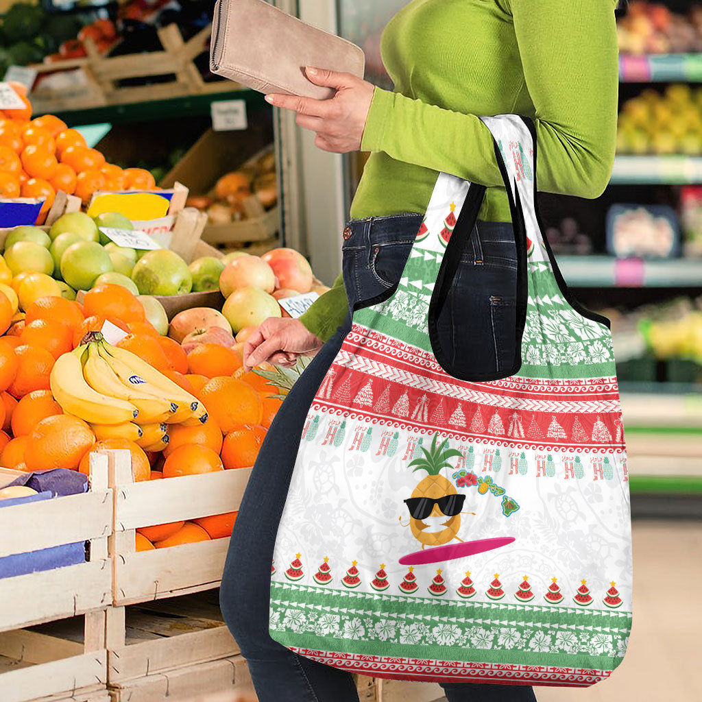 Hawaiian Mele Kalikimaka Grocery Bag Funny Pineapple Surfing with Map Christmas Stripe Elements LT03 - Polynesian Pride