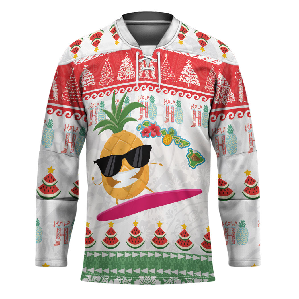 Hawaiian Mele Kalikimaka Hockey Jersey Funny Pineapple Surfing with Map Christmas Stripe Elements LT03 Unisex Multicolor - Polynesian Pride