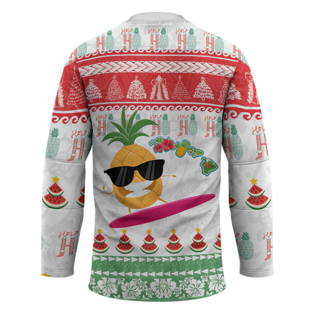 Hawaiian Mele Kalikimaka Hockey Jersey Funny Pineapple Surfing with Map Christmas Stripe Elements LT03 - Polynesian Pride