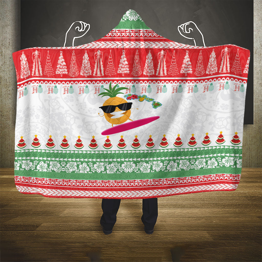 Hawaiian Mele Kalikimaka Hooded Blanket Funny Pineapple Surfing with Map Christmas Stripe Elements LT03 - Polynesian Pride