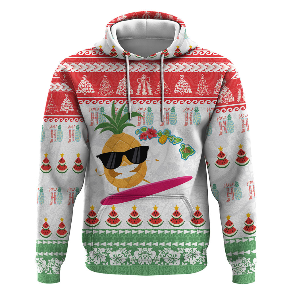 Hawaiian Mele Kalikimaka Hoodie Funny Pineapple Surfing with Map Christmas Stripe Elements LT03 Pullover Hoodie Multicolor - Polynesian Pride