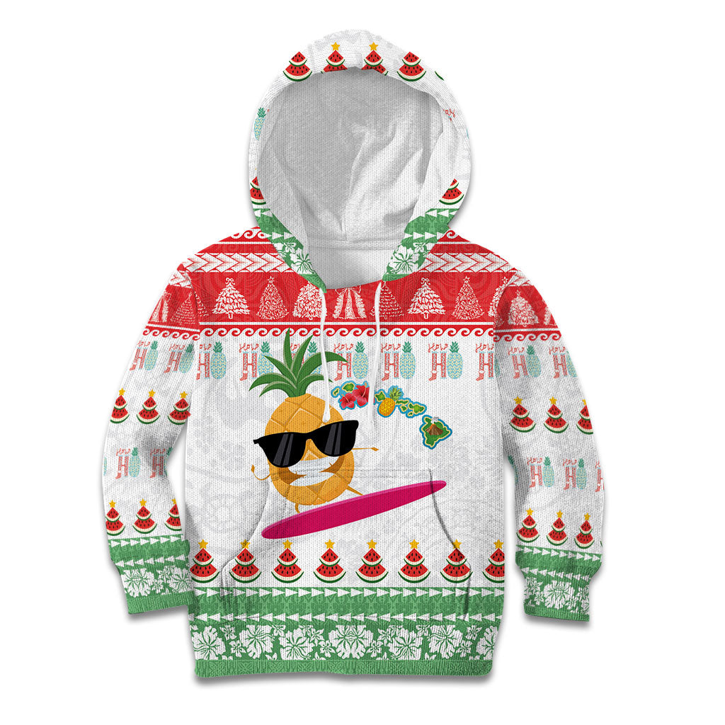 Hawaiian Mele Kalikimaka Kid Hoodie Funny Pineapple Surfing with Map Christmas Stripe Elements LT03 Hoodie Multicolor - Polynesian Pride