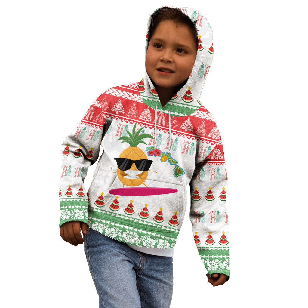 Hawaiian Mele Kalikimaka Kid Hoodie Funny Pineapple Surfing with Map Christmas Stripe Elements LT03 - Polynesian Pride