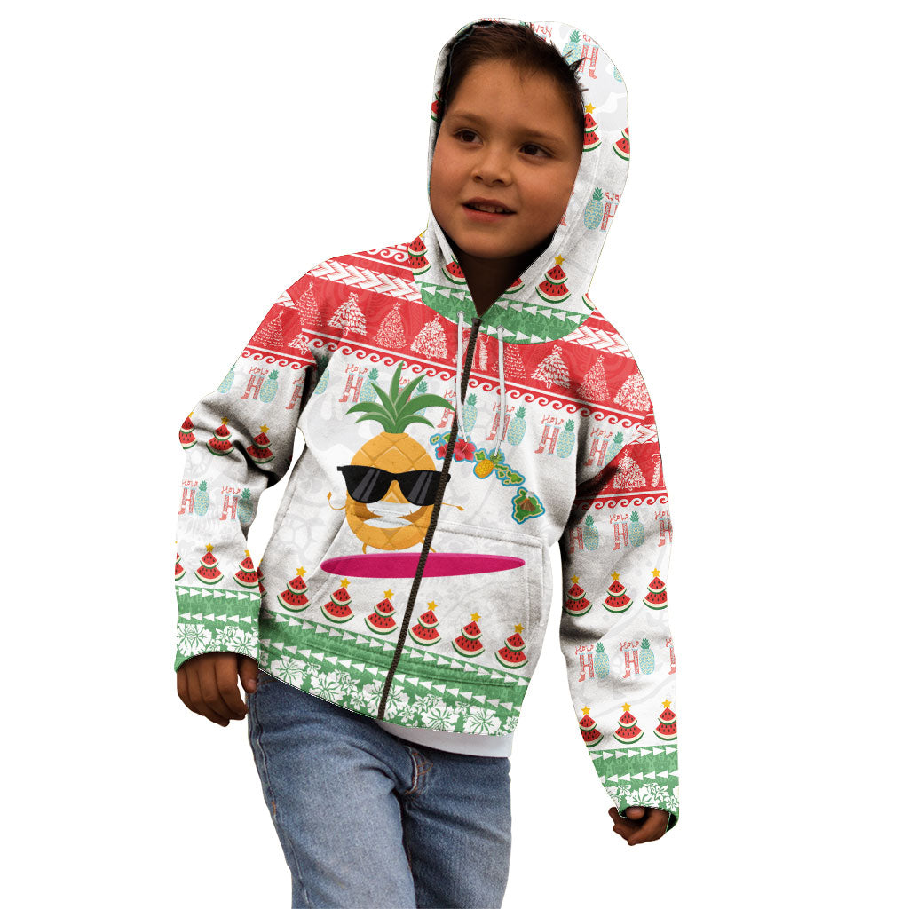 Hawaiian Mele Kalikimaka Kid Hoodie Funny Pineapple Surfing with Map Christmas Stripe Elements LT03 - Polynesian Pride