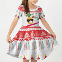 Hawaiian Mele Kalikimaka Kid Short Sleeve Dress Funny Pineapple Surfing with Map Christmas Stripe Elements LT03 KID Multicolor - Polynesian Pride