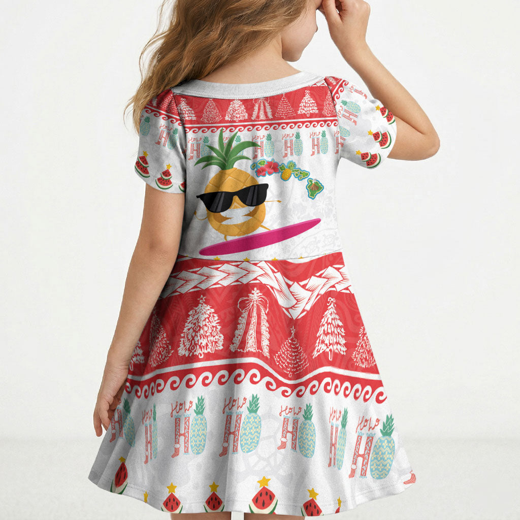Hawaiian Mele Kalikimaka Kid Short Sleeve Dress Funny Pineapple Surfing with Map Christmas Stripe Elements LT03 - Polynesian Pride