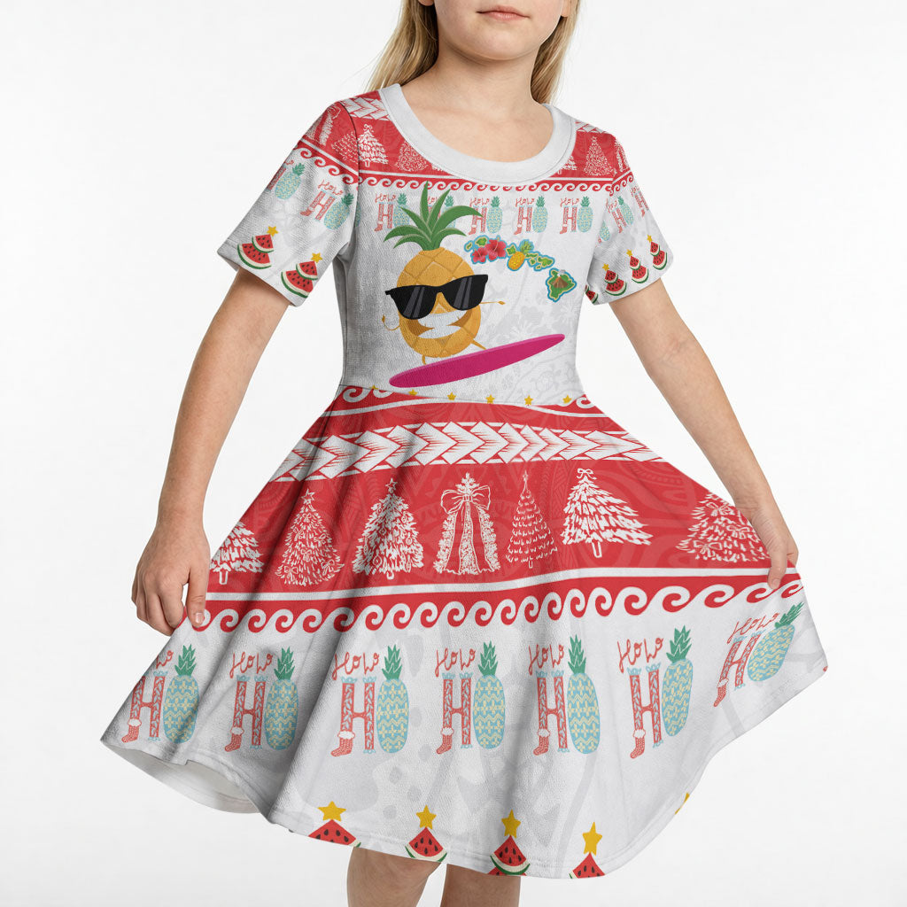 Hawaiian Mele Kalikimaka Kid Short Sleeve Dress Funny Pineapple Surfing with Map Christmas Stripe Elements LT03 - Polynesian Pride