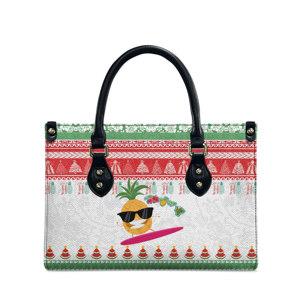 Hawaiian Mele Kalikimaka Leather Bag Funny Pineapple Surfing with Map Christmas Stripe Elements LT03 - Polynesian Pride