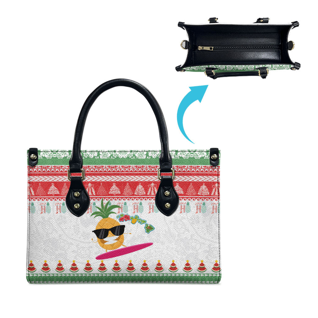 Hawaiian Mele Kalikimaka Leather Bag Funny Pineapple Surfing with Map Christmas Stripe Elements LT03 - Polynesian Pride