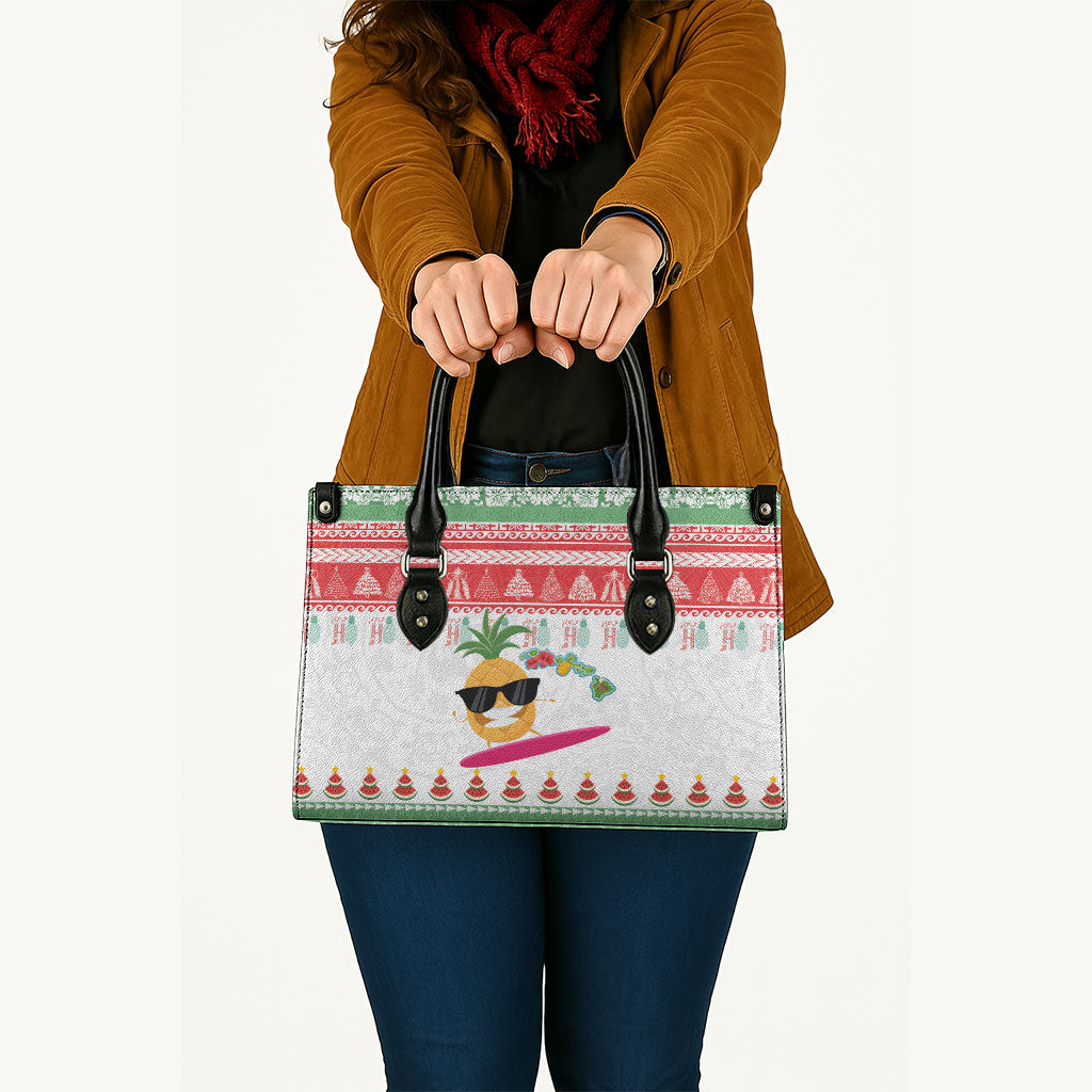 Hawaiian Mele Kalikimaka Leather Bag Funny Pineapple Surfing with Map Christmas Stripe Elements LT03 - Polynesian Pride