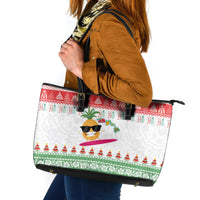 Hawaiian Mele Kalikimaka Leather Tote Bag Funny Pineapple Surfing with Map Christmas Stripe Elements LT03 Multicolor - Polynesian Pride