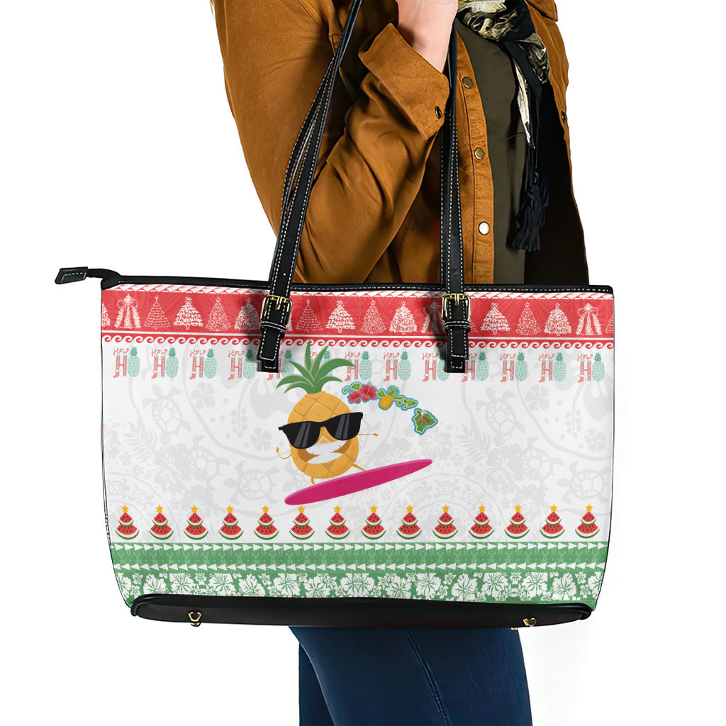 Hawaiian Mele Kalikimaka Leather Tote Bag Funny Pineapple Surfing with Map Christmas Stripe Elements LT03 - Polynesian Pride