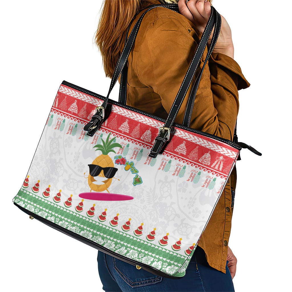 Hawaiian Mele Kalikimaka Leather Tote Bag Funny Pineapple Surfing with Map Christmas Stripe Elements LT03 - Polynesian Pride