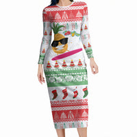Hawaiian Mele Kalikimaka Long Sleeve Bodycon Dress Funny Pineapple Surfing with Map Christmas Stripe Elements LT03 Long Dress Multicolor - Polynesian Pride