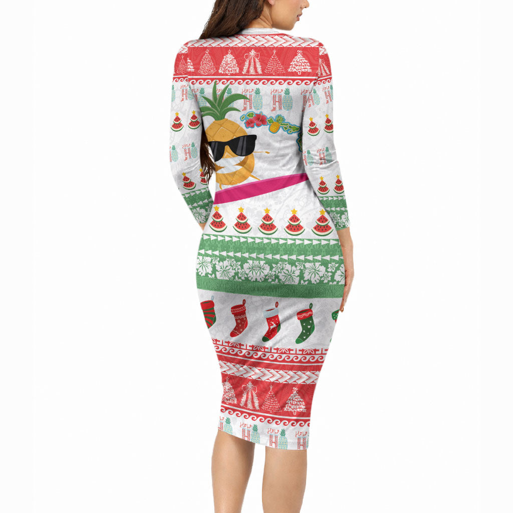 Hawaiian Mele Kalikimaka Long Sleeve Bodycon Dress Funny Pineapple Surfing with Map Christmas Stripe Elements LT03 - Polynesian Pride