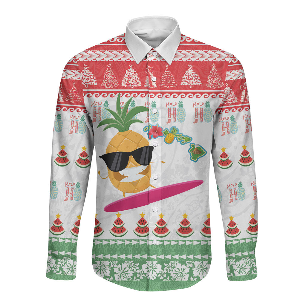 Hawaiian Mele Kalikimaka Long Sleeve Button Shirt Funny Pineapple Surfing with Map Christmas Stripe Elements LT03 Unisex Multicolor - Polynesian Pride