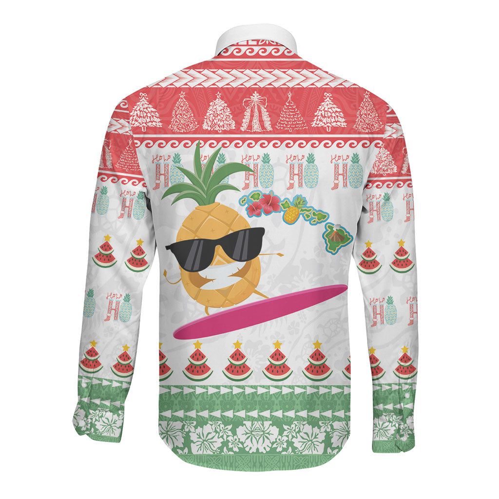 Hawaiian Mele Kalikimaka Long Sleeve Button Shirt Funny Pineapple Surfing with Map Christmas Stripe Elements LT03 - Polynesian Pride