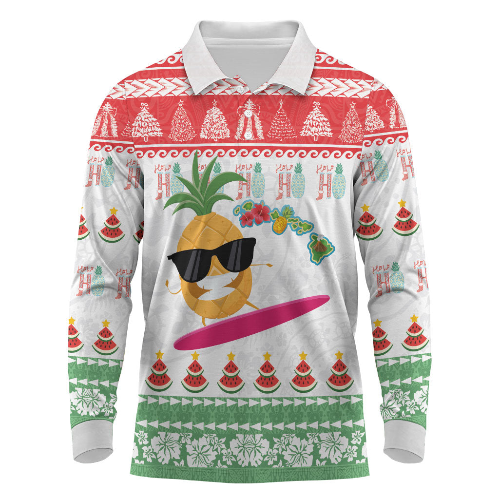 Hawaiian Mele Kalikimaka Long Sleeve Polo Shirt Funny Pineapple Surfing with Map Christmas Stripe Elements LT03 Multicolor - Polynesian Pride